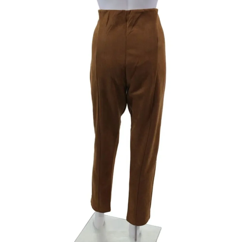 Spanner Womsns Faux Suede High Rise Slim Leg Pants Cognac Brown Size Large